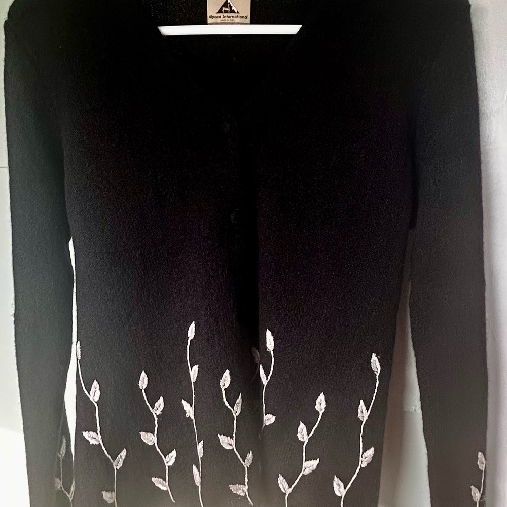 Alpaca International Black Sweater with White embroidery vine detail